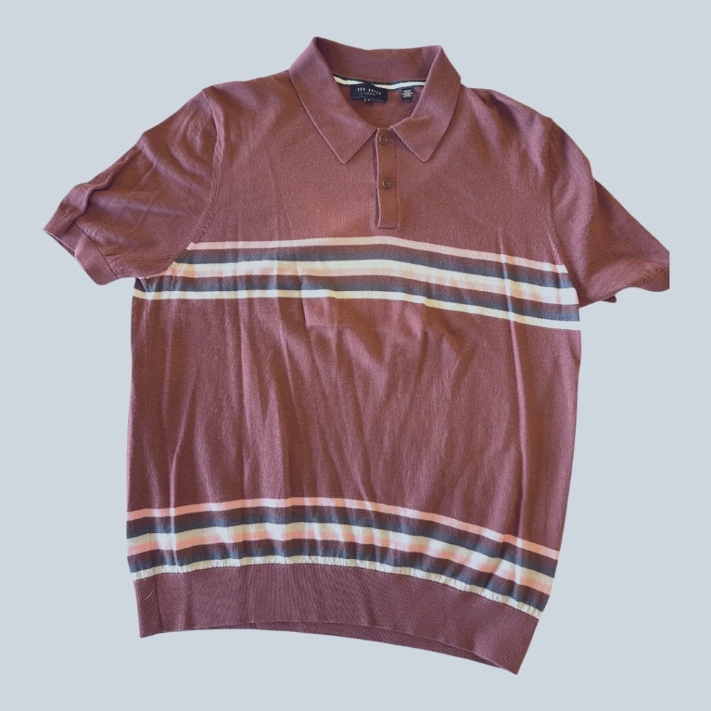 Ted Baker Short Sleeve Polo Sweater – XL (Berry with Pink, Navy, and Light Blue)
